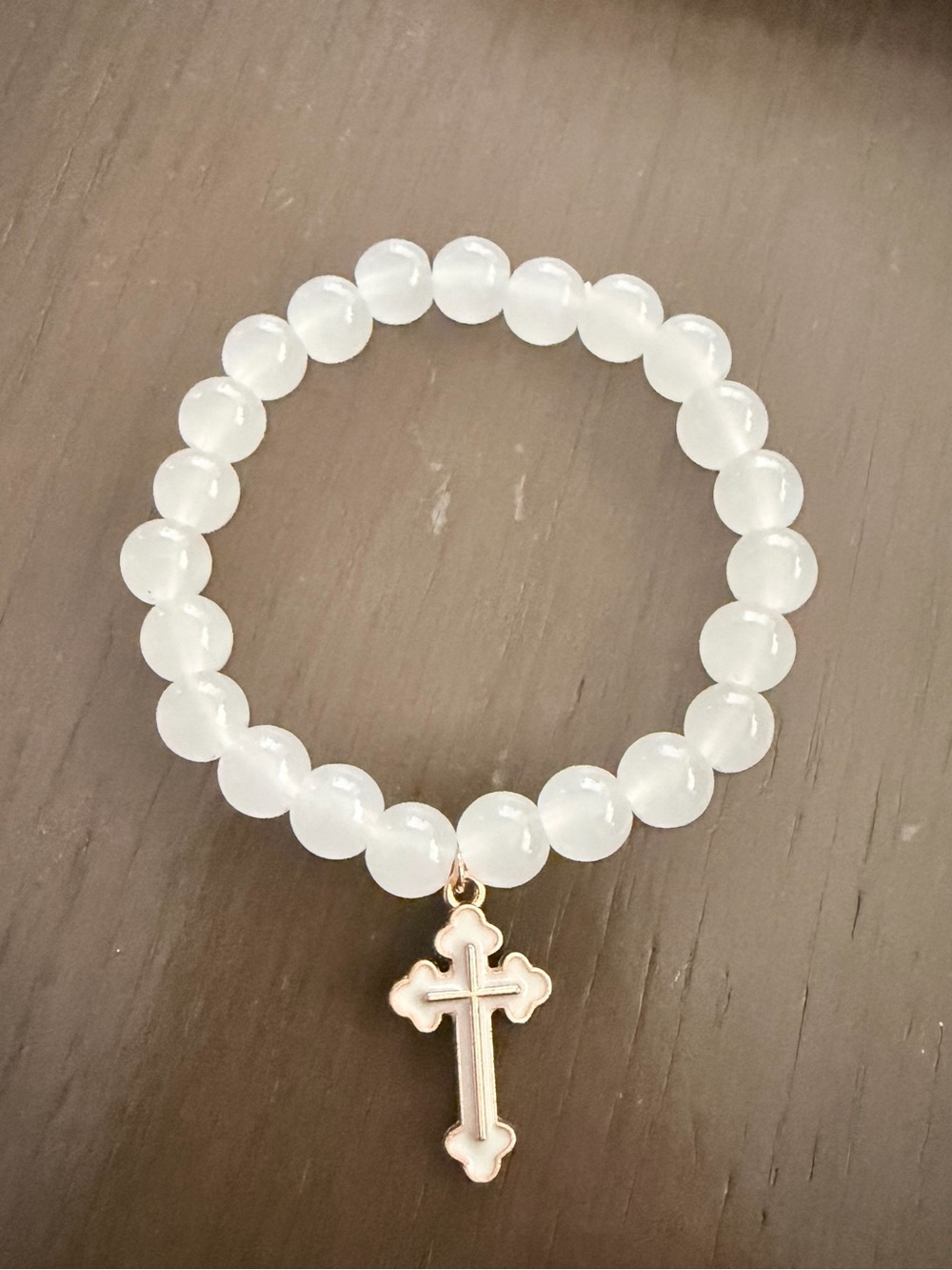 White Beaded Stretch Bracelet with Cross Charm